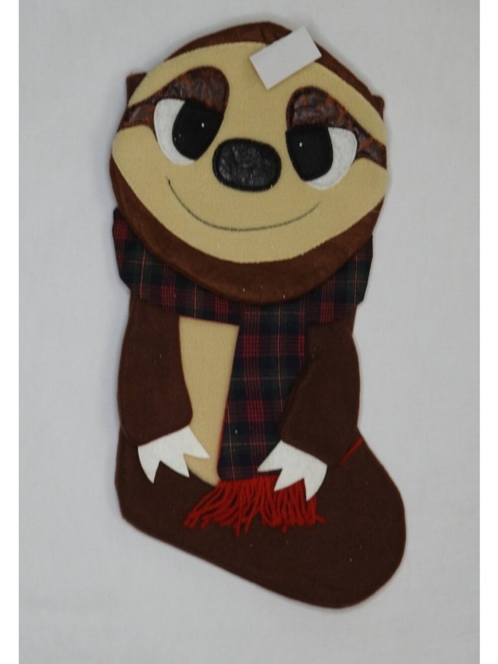 Christmas Stocking Sloth Felt Brown Plaid Scarf Woodland Animal 20 Inch New